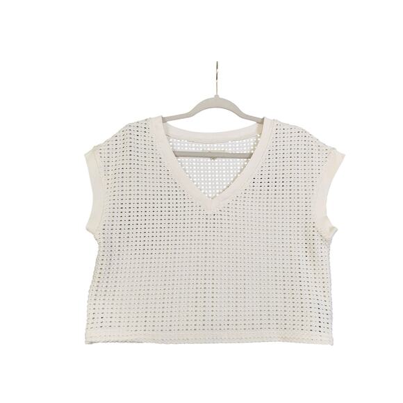 Madewell Womens Knit Mesh V Neck Crop Tee Size Medium Cream Boxy Open Weave Boho - Picture 2 of 10